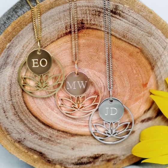 Lotus Necklace with Engraved Initial Pendant