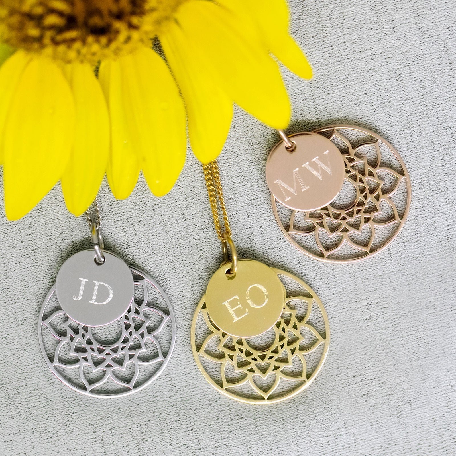 Mandala Necklace with Engraved Initial Pendant
