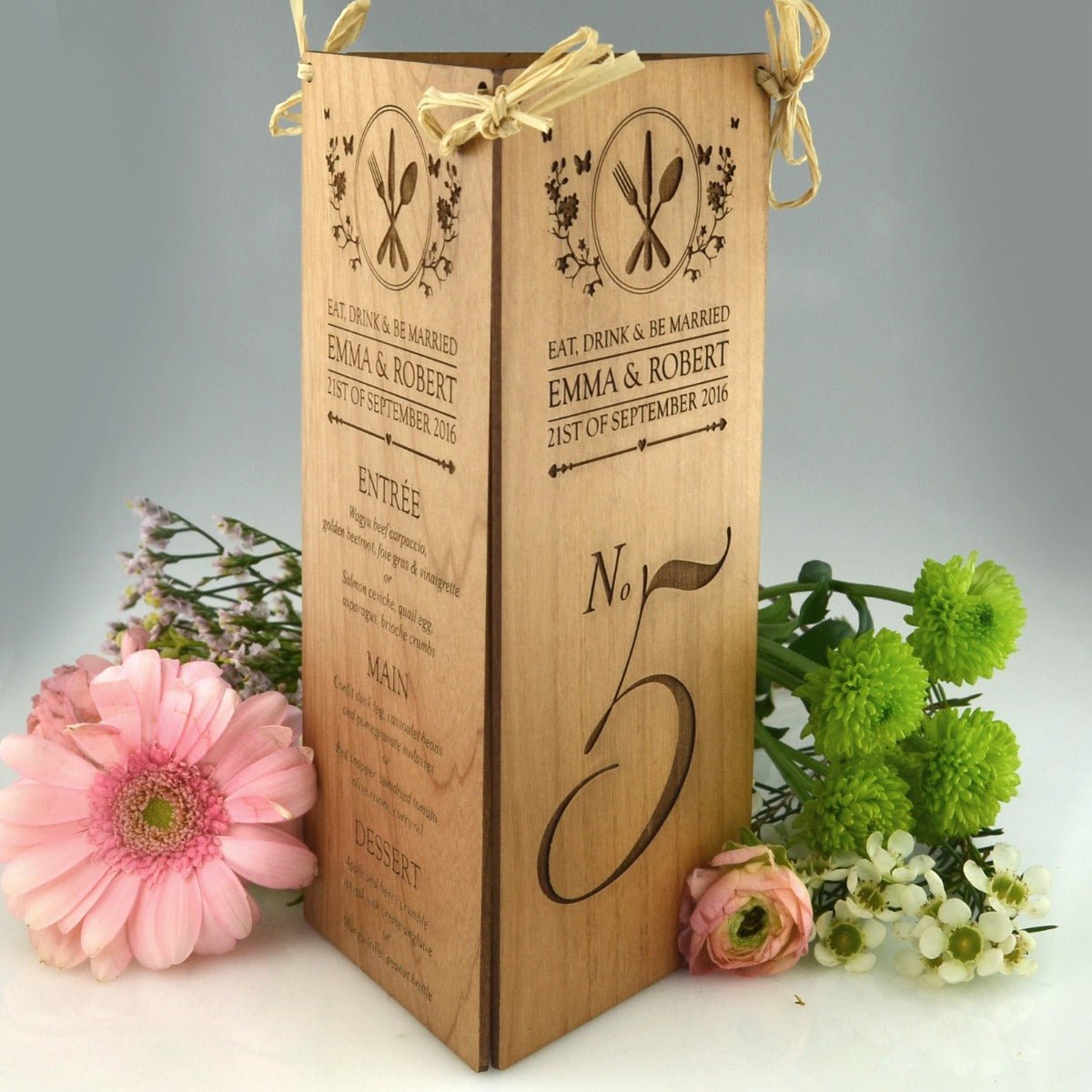 Engraved Wooden Wedding Menu Table Number Centrepiece