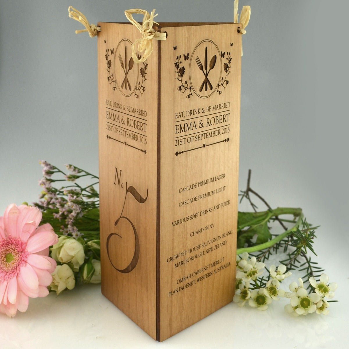 Engraved Wooden Wedding Menu Table Number Centrepiece