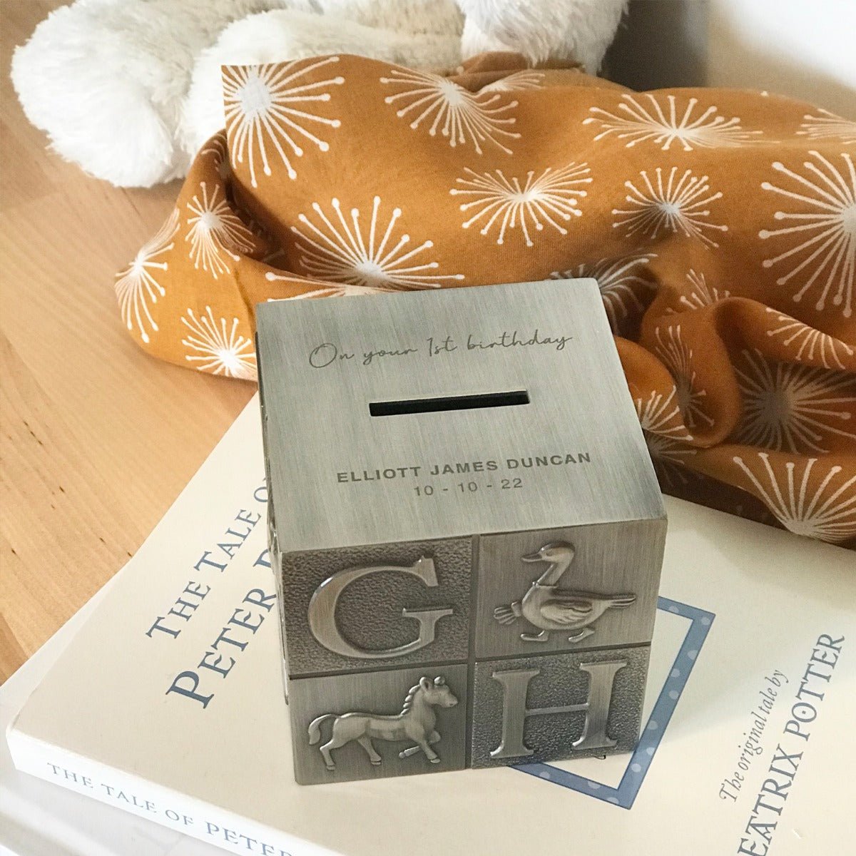 Engraved Pewter Alphabet Cube Money Box