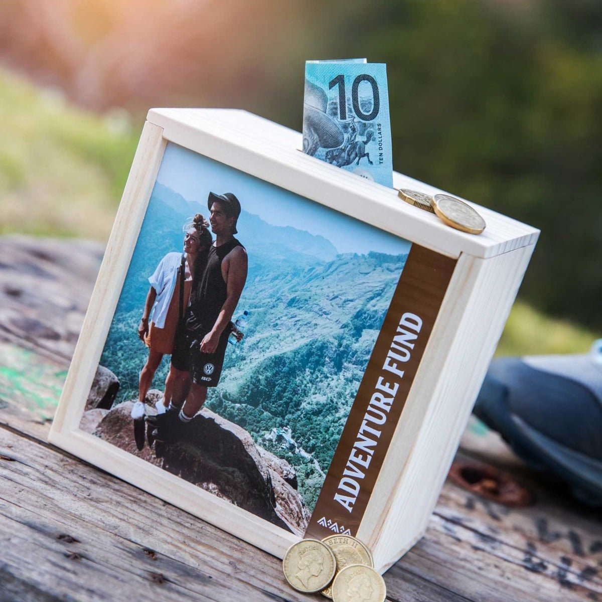 Photo Printed Adventure Fund Wooden Money Box