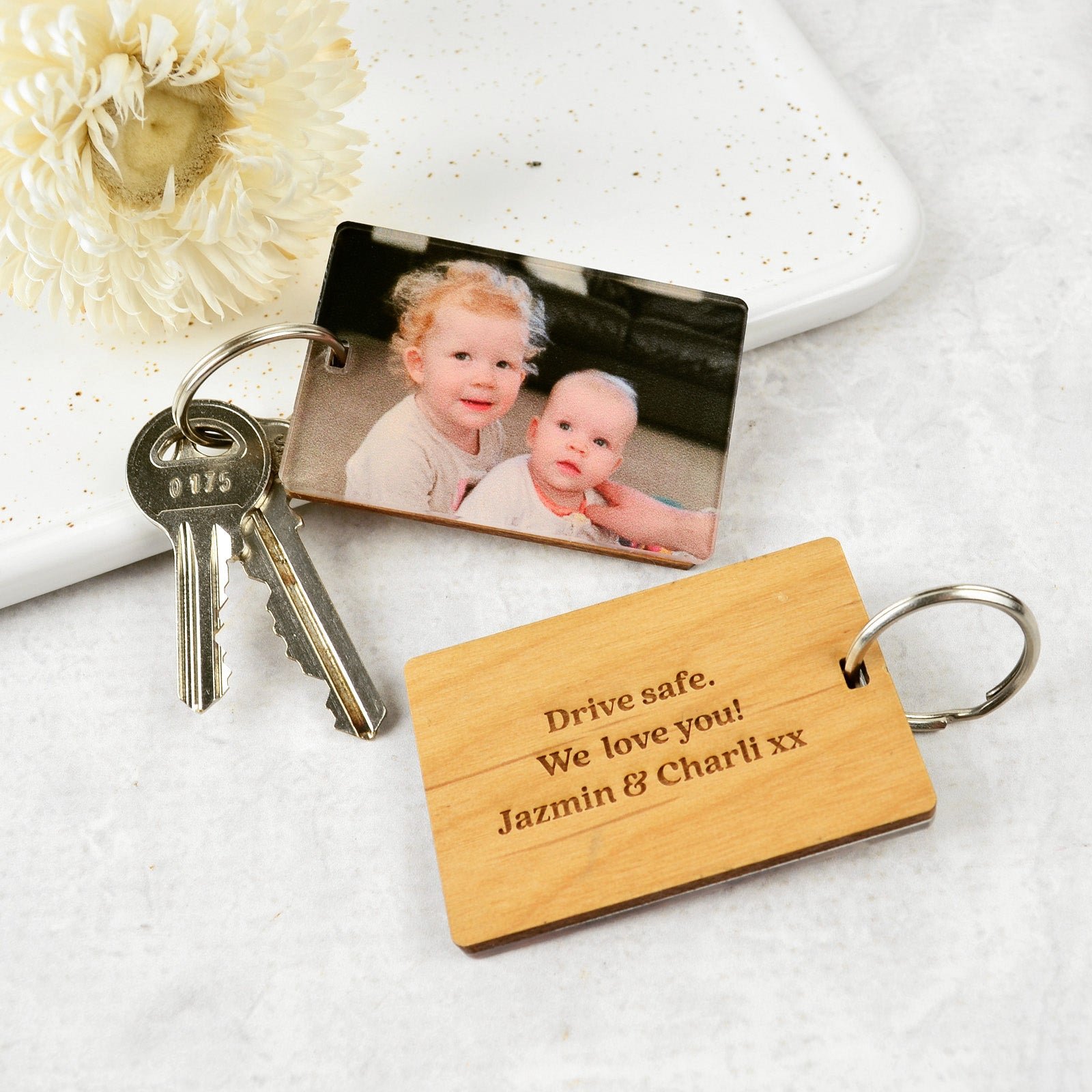 Photo Print Keyring with Engraved Wooden Message Plaque