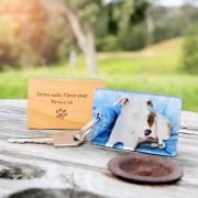 Pet Photo Print Keyring with Engraved Wooden Message Plaque