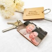 Photo Print Keyring with Engraved Wooden Message Plaque