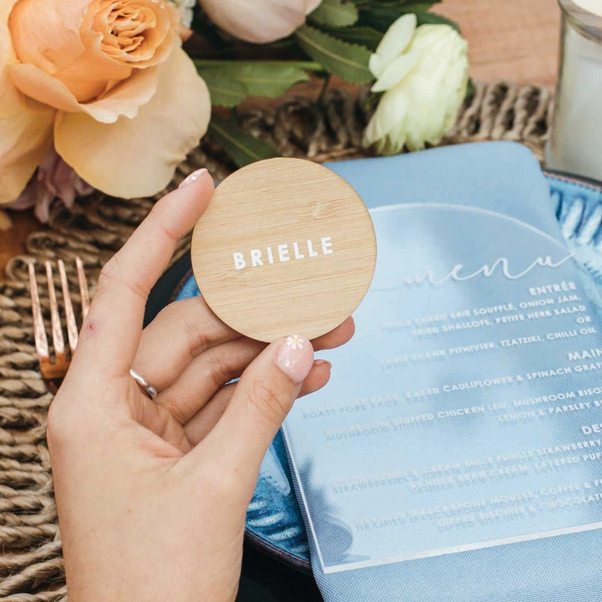 Printed Bamboo Round Wedding Place Card