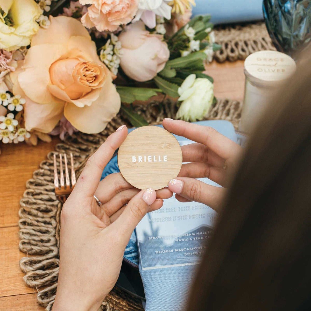 Printed Bamboo Round Wedding Place Card