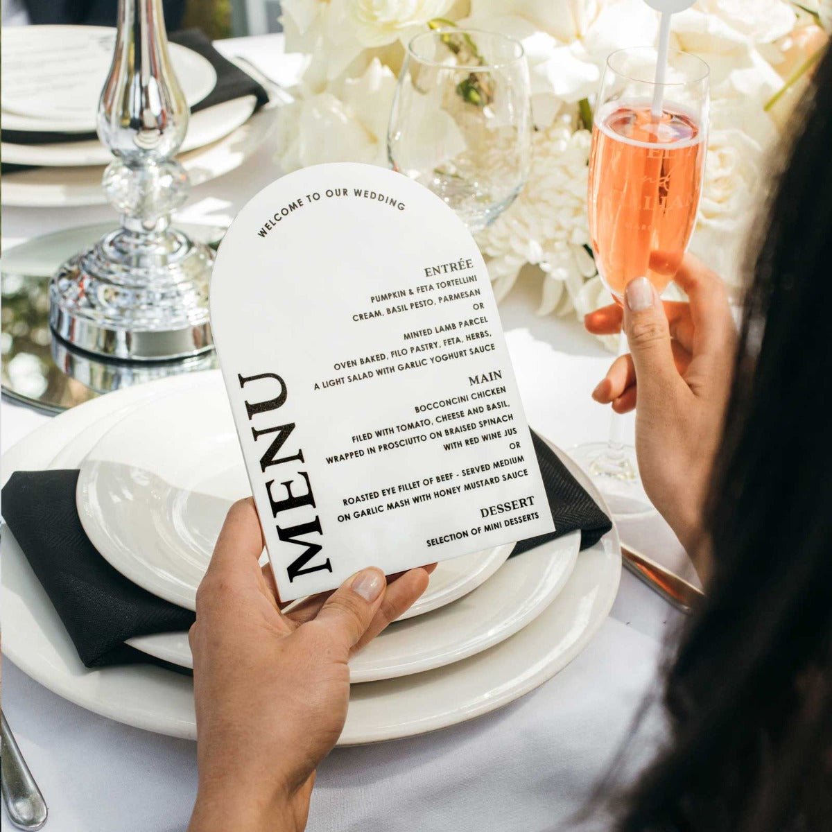 Printed White Acrylic Wedding Arch Menu