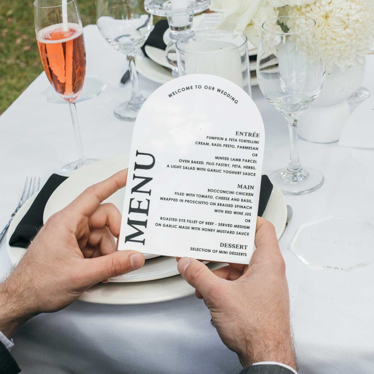 Printed White Acrylic Wedding Arch Menu