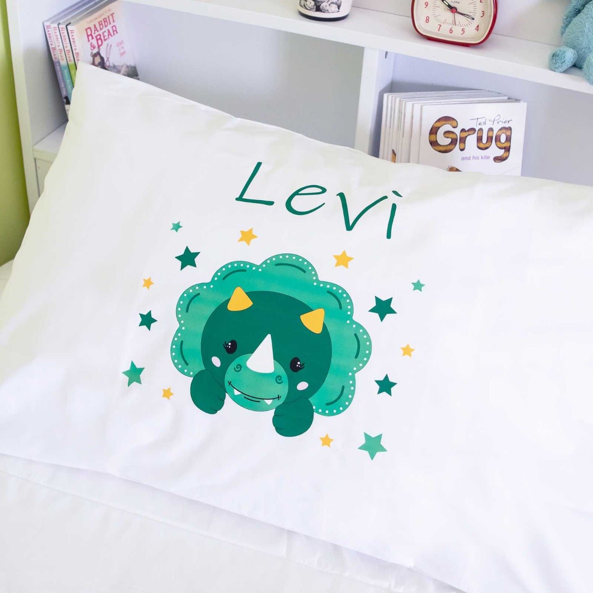 Printed White PolyCotton Dinosaur Kids Pillowcase