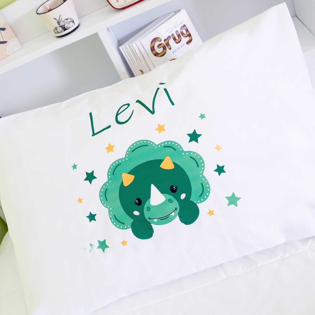 Printed White PolyCotton Dinosaur Kids Pillowcase
