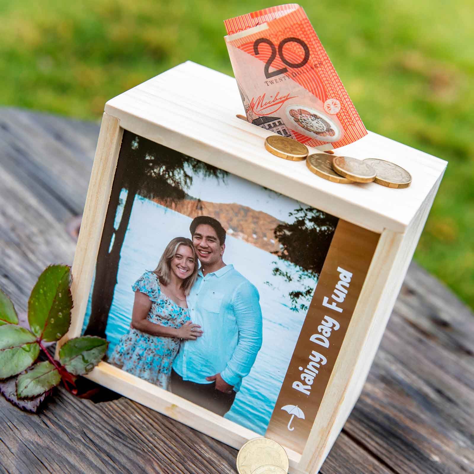 Photo Printed Rainy Day Fund Wooden Money Box