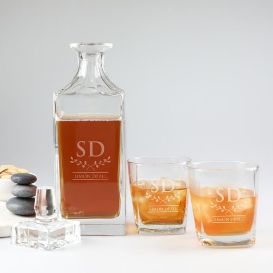 Engraved Birthday Deluxe Square Whiskey Decanter PLUS 2 Scotch Glasses