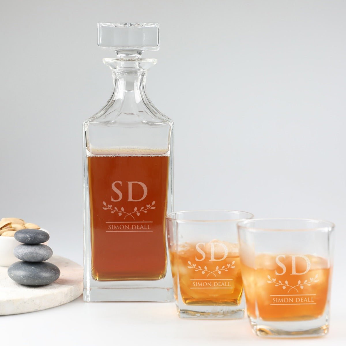 Engraved Birthday Deluxe Square Whiskey Decanter PLUS 2 Scotch Glasses