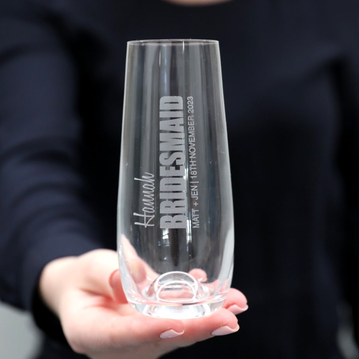 Engraved Bridal Party Stemless 230ml Champagne Glass