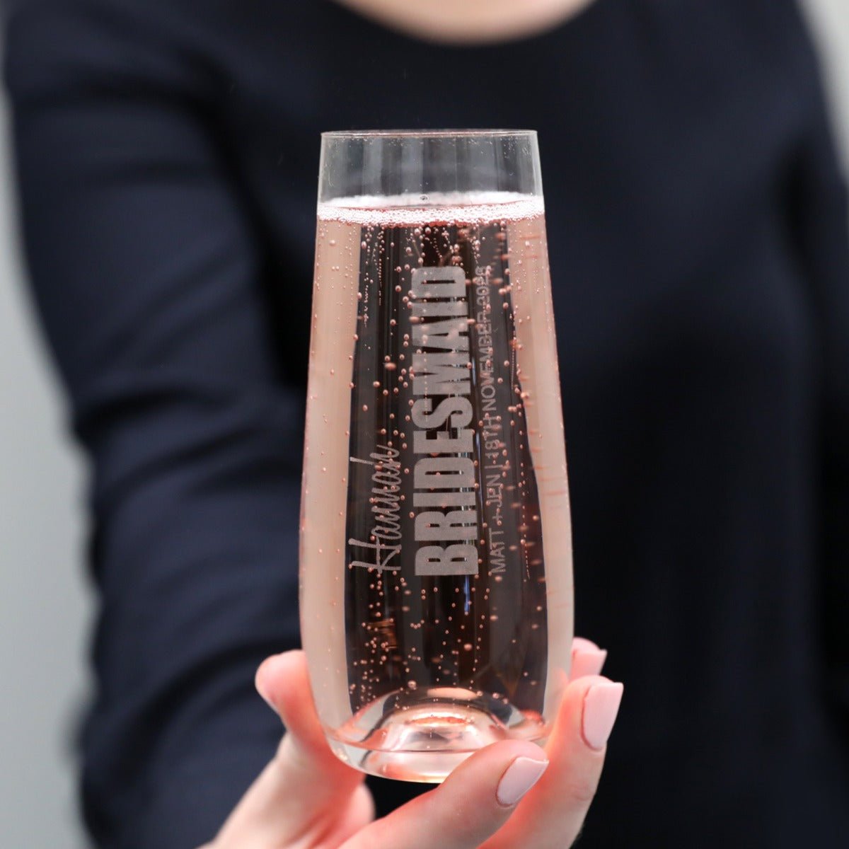 Engraved Bridal Party Stemless 230ml Champagne Glass