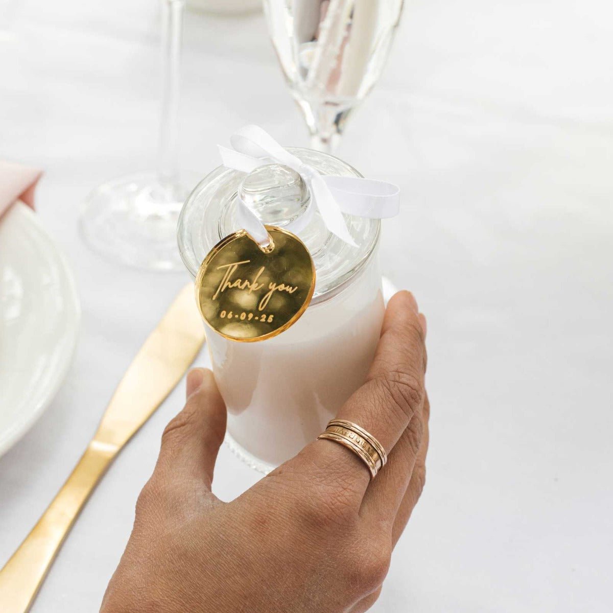 French Tip Candles with Engraved Round Gold Acrylic Gift Tags Wedding Favour