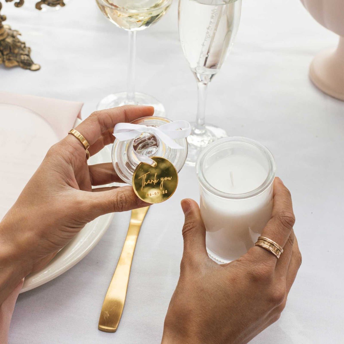 French Tip Candles with Engraved Round Gold Acrylic Gift Tags Wedding Favour