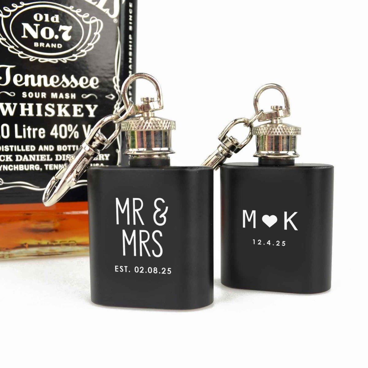 Engraved Black Mini Hip Flask Keyring Wedding Favour