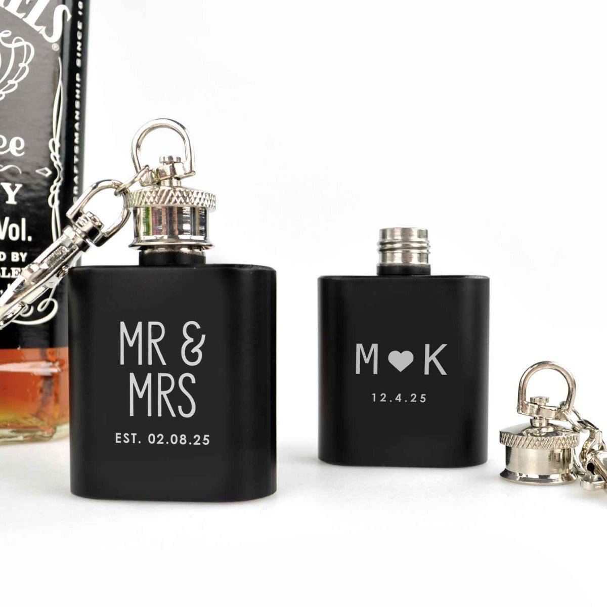 Engraved Black Mini Hip Flask Keyring Wedding Favour