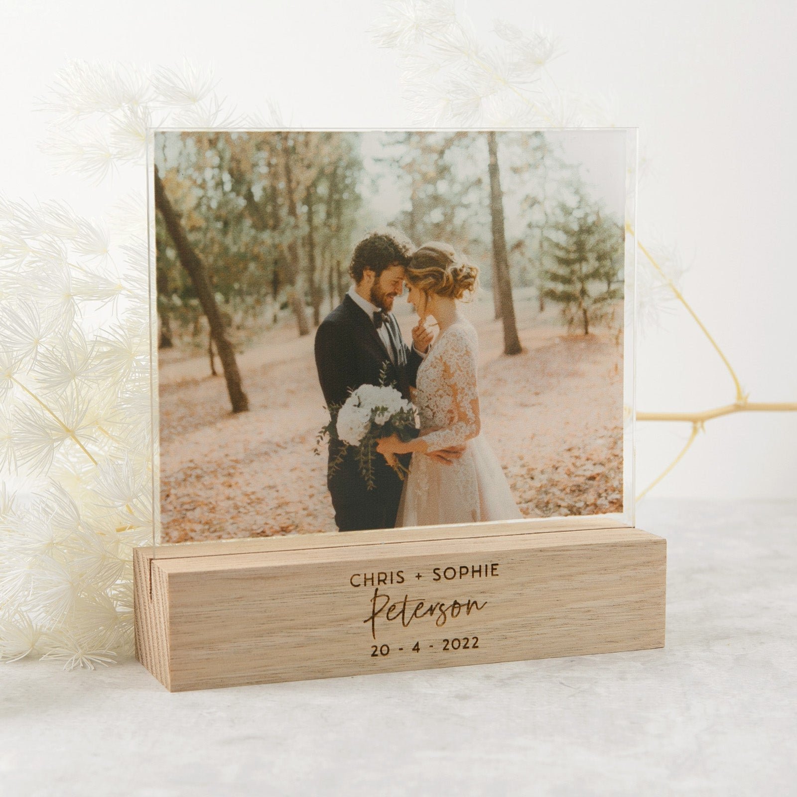 Acrylic Wedding Photo Print with Engraved Wooden Base