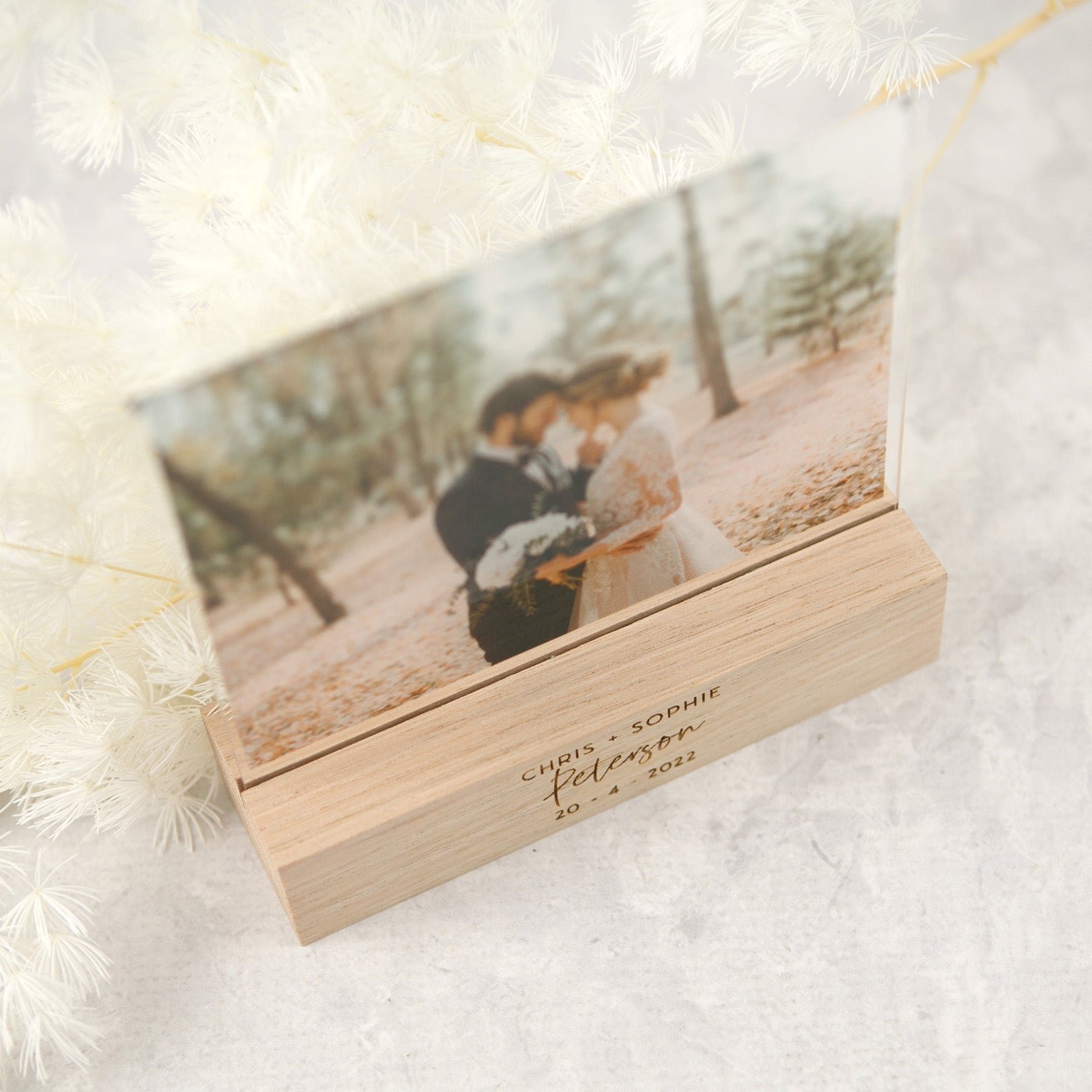 Acrylic Wedding Photo Print with Engraved Wooden Base