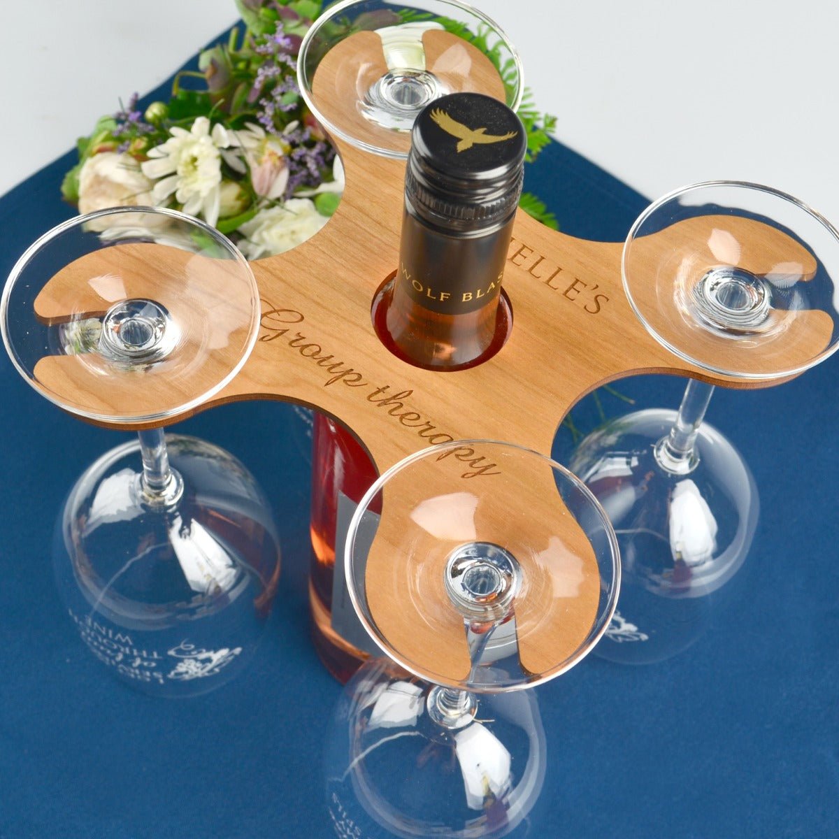 Engraved Wooden Group Therapy Butler Set With Complimentary Wine Glasses
