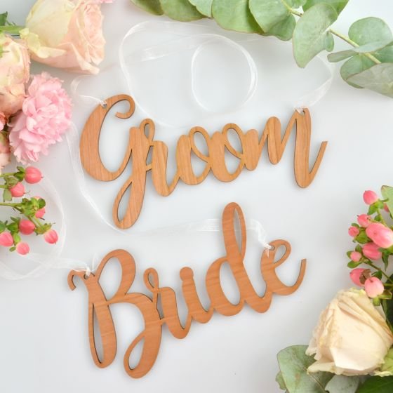 Engraved Wooden Bride and Groom Wedding Chair Signs