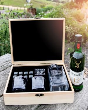 Engraved Birthday Wooden Gift Boxed Decanter. Scotch Glasses and Whiskey Stone Set