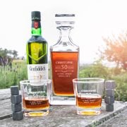 Engraved Birthday Wooden Gift Boxed Decanter. Scotch Glasses and Whiskey Stone Set