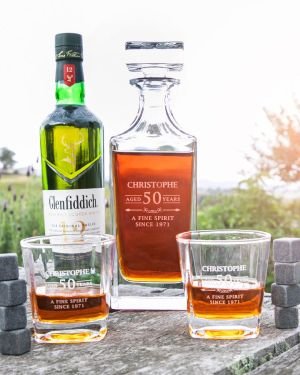 Engraved Birthday Wooden Gift Boxed Decanter. Scotch Glasses and Whiskey Stone Set