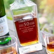 Engraved Birthday Wooden Gift Boxed Decanter. Scotch Glasses and Whiskey Stone Set