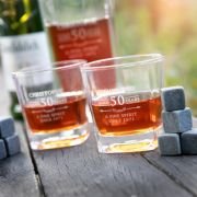 Engraved Birthday Wooden Gift Boxed Decanter. Scotch Glasses and Whiskey Stone Set