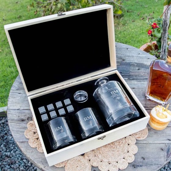 Engraved Birthday Wooden Gift Boxed Round Decanter. Scotch Glasses and Whiskey Stone Set