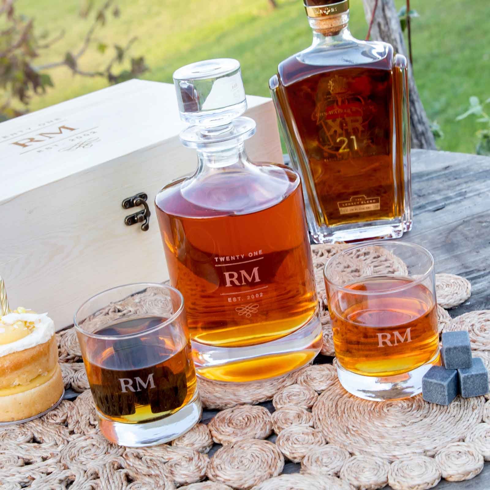 Engraved Birthday Wooden Gift Boxed Round Decanter. Scotch Glasses and Whiskey Stone Set