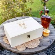 Engraved Birthday Wooden Gift Boxed Round Decanter. Scotch Glasses and Whiskey Stone Set