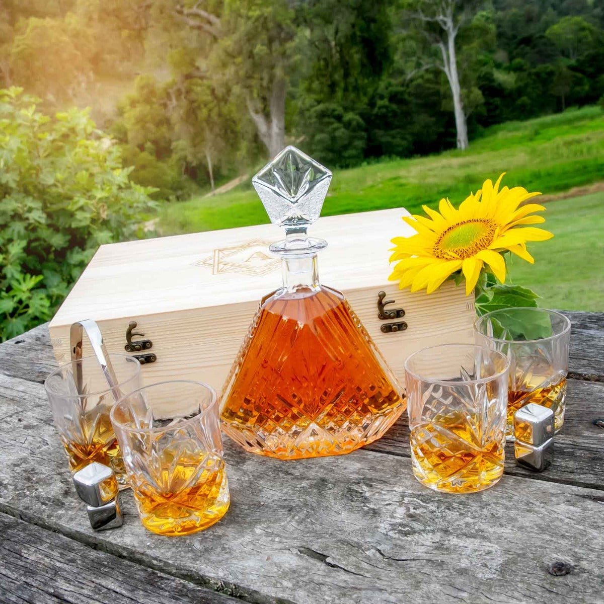 Engraved Wooden Gift Boxed Crystal Cut Premium Decanter. Scotch Glasses and Whiskey Stone Set