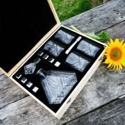 Engraved Wooden Gift Boxed Crystal Cut Premium Decanter. Scotch Glasses and Whiskey Stone Set