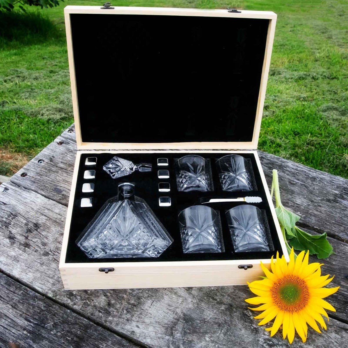 Engraved Wooden Gift Boxed Crystal Cut Premium Decanter. Scotch Glasses and Whiskey Stone Set