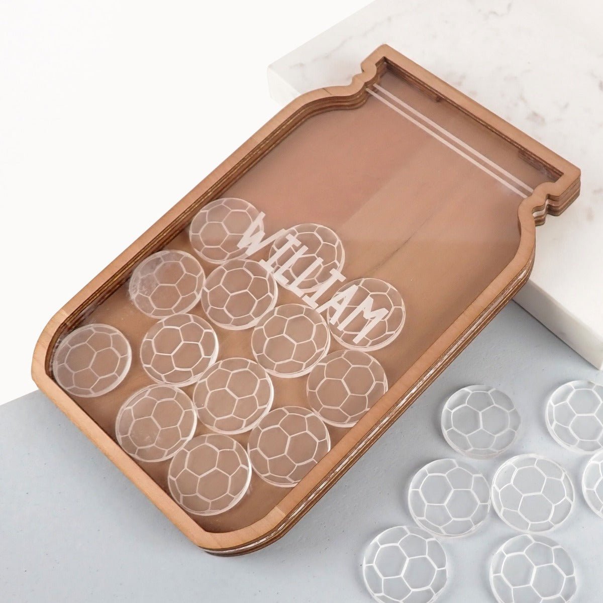 Engraved Wooden Rewards Jar with Acrylic Soccer Balls