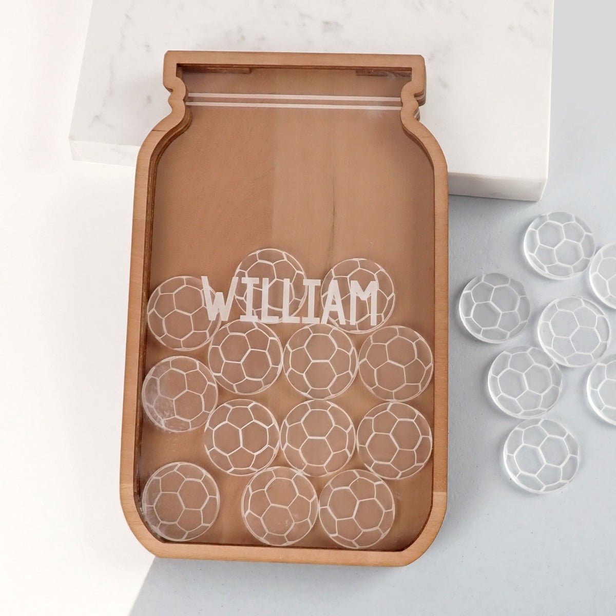 Engraved Wooden Rewards Jar with Acrylic Soccer Balls